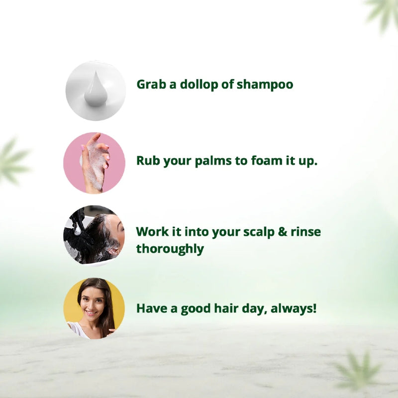 Step-by-step guide for using Hemp shampoo with icons and text on a light green background.
