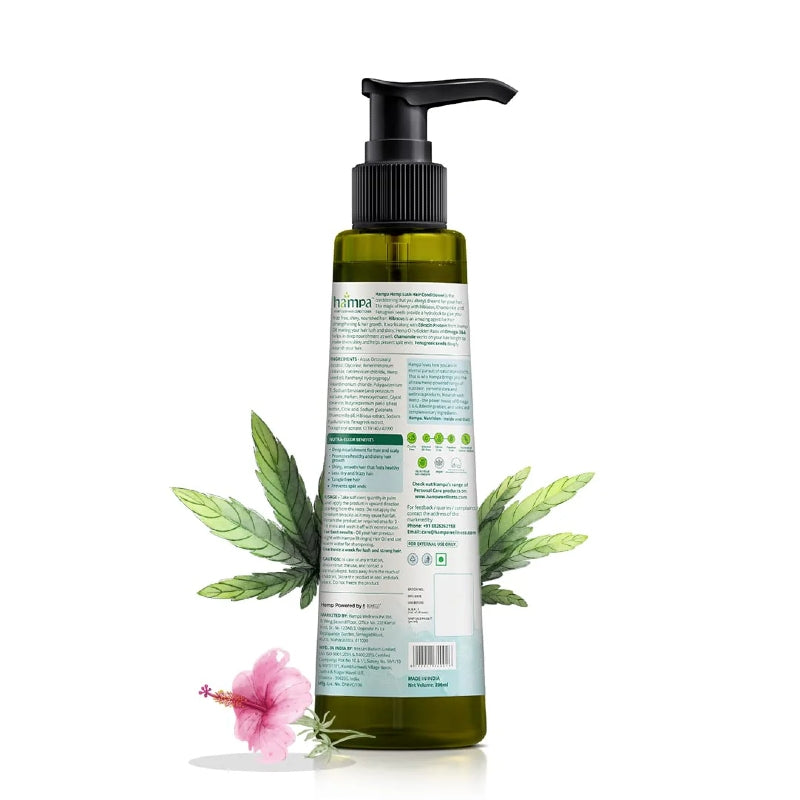 Bottle of Hemp shampoo with pump and green leaves on a white background