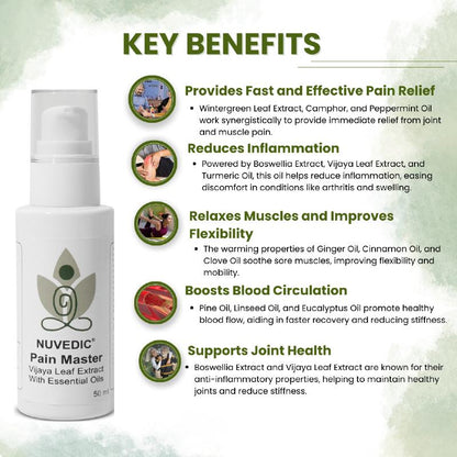 Promotional image of Nuvedic Pain Master CBD Oil bottle with a list of key benefits in green text.

