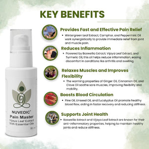 Promotional image of Nuvedic Pain Master CBD Oil bottle with a list of key benefits in green text.

