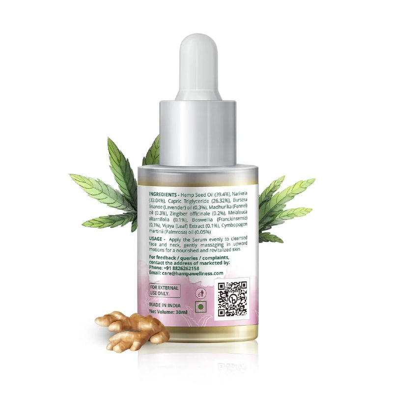 Skincare dropper bottle with cannabis leaves and ginger root on a white background