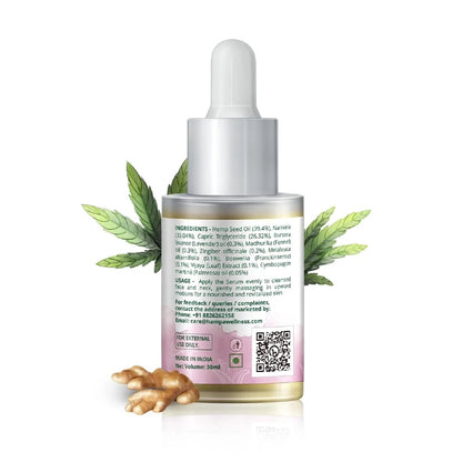 Skincare dropper bottle with cannabis leaves and ginger root on a white background