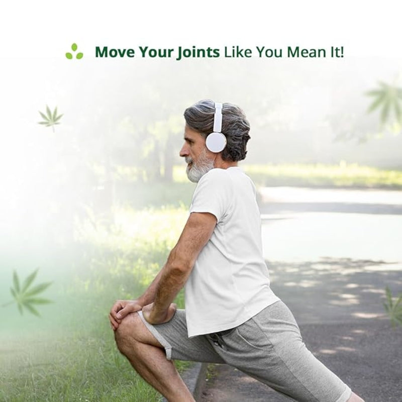 Man stretching outdoors with headphones on, text 'Move Your Joints Like You Mean It!' and brand logo.