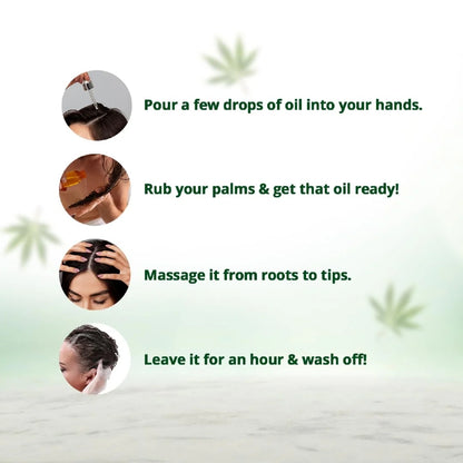 Step-by-step guide for using a hair oil product with text instructions on a green background.