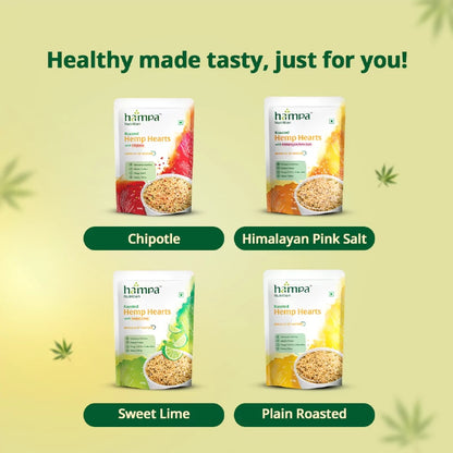 Four packages of hampa Hemp Hearts with different flavors on a green background