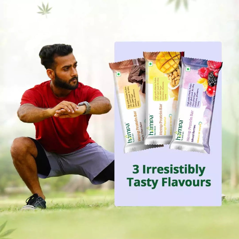 Man exercising outdoors with Harena protein bar packaging on a white background