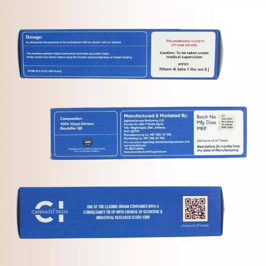 Blue medical packaging with text and Cannazo India branding on a beige background