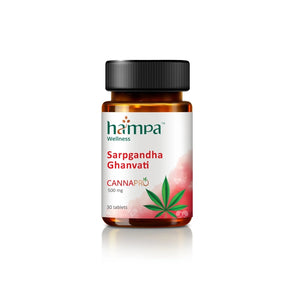 Bottle of Hampa Hemp Wellness Sarpgandha Ghanvati Cannapro on a white background