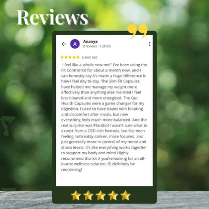 CBD Oil Product review on a digital device with a green blurred background