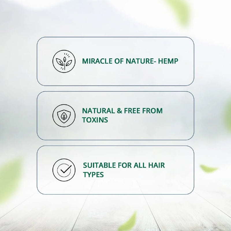 Text and icons about hemp hair products on a light background with green leaves.