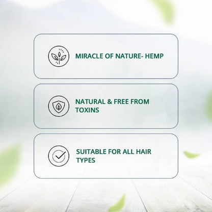 Text and icons about hemp hair products on a light background with green leaves.