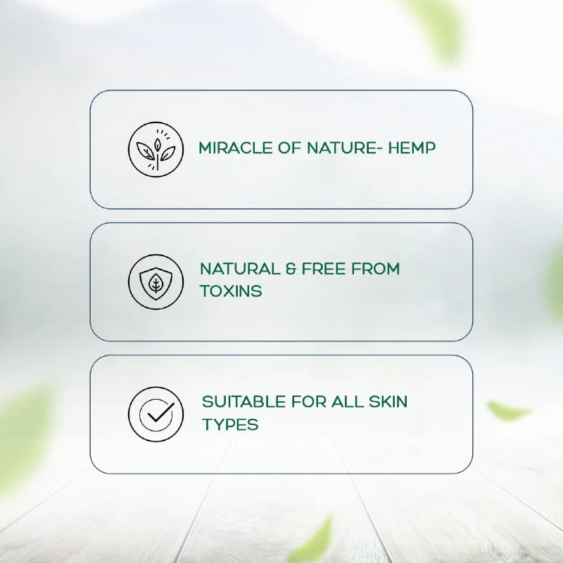 Text and icon elements about hemp's natural properties on a light background
