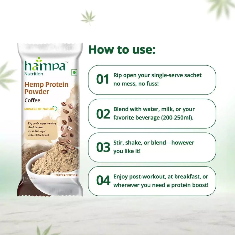 Hampa Hemp Protein Powder packaging with usage instructions on a light green background