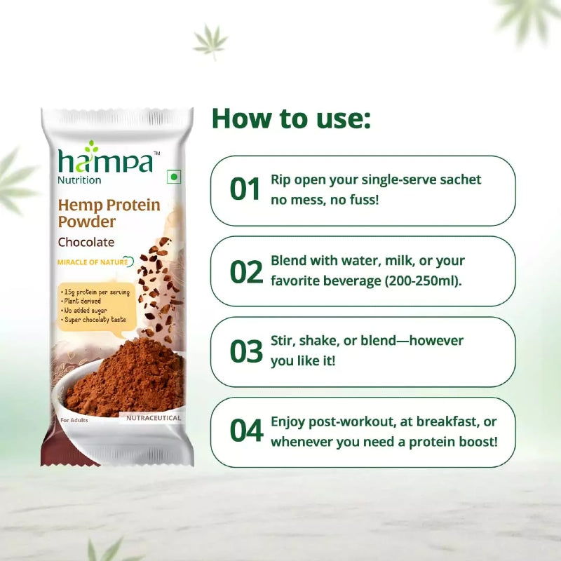Hampa Hemp Protein Powder packaging with usage instructions on a light green background
