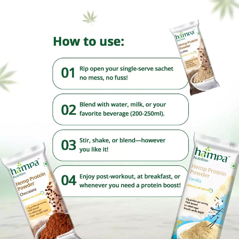 Hampa Hemp Protein Powder packaging with usage instructions on a light background