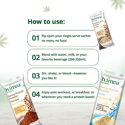 Hampa Hemp Protein Powder packaging with usage instructions on a light background