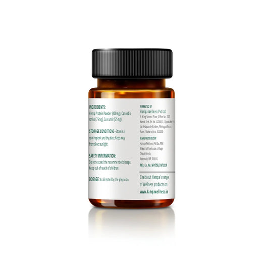 Hemp supplement bottle with black cap on a white background