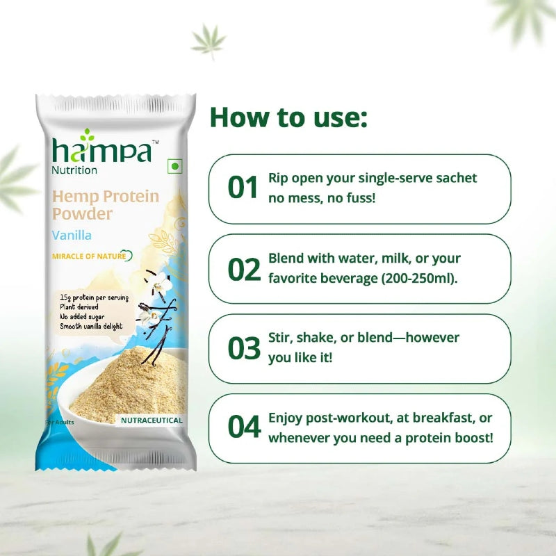 Hampa Hemp Protein Powder package with usage instructions on a light background