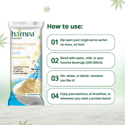 Hampa Hemp Protein Powder package with usage instructions on a light background