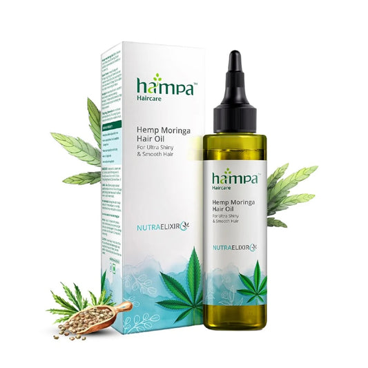 Hampa Hemp Moringa Hair Oil with packaging on a white background