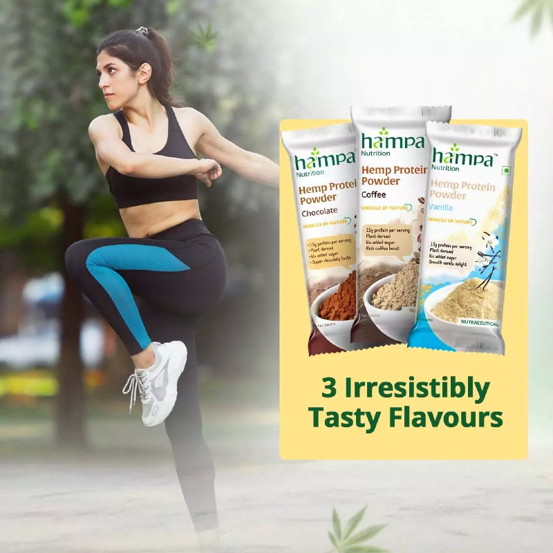 Woman exercising outdoors with Hampa Hemp Protein Powder packages displayed.