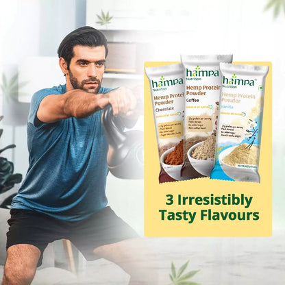 Man lifting weights with Hampa Hemp Protein Powder packages displayed on a yellow background
