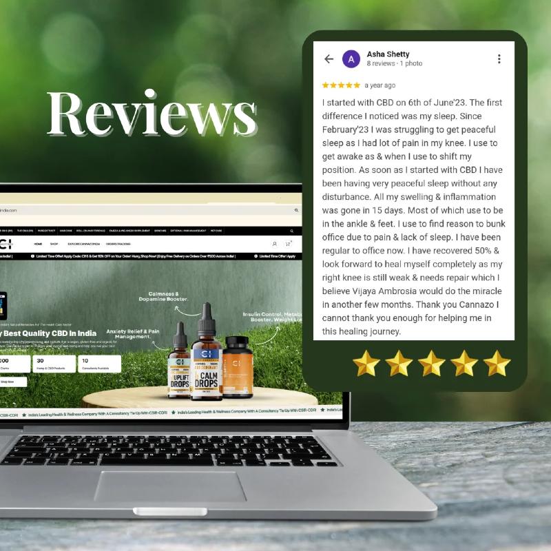 Laptop displaying a website with CBD product images and successful customer review on a blurred green background