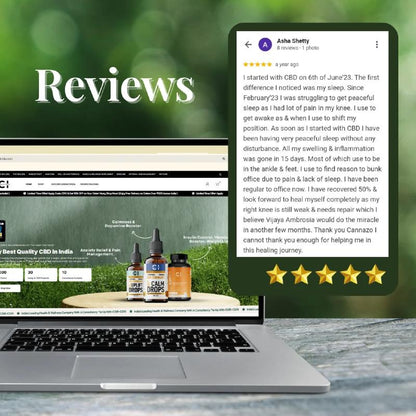 Laptop displaying a website with CBD product images and successful customer review on a blurred green background
