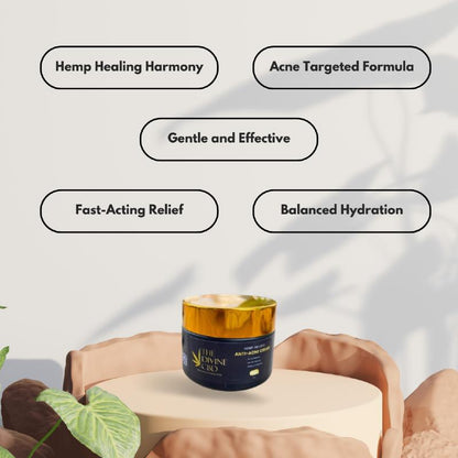A jar of "The Divine CBD" placed on a beige pedestal with captions around it detailing benefits like "Hemp Healing Harmony" and "Acne Targeted Formula."

