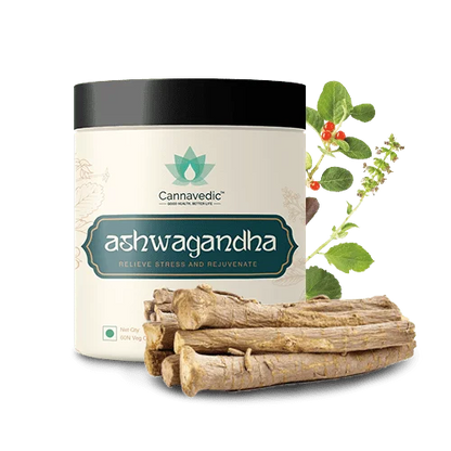 Cannavedic ashwagandha container with dried roots and a sprig of the ashwagandha plant.

