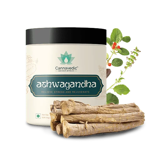 Cannavedic ashwagandha container with dried roots and a sprig of the ashwagandha plant.

