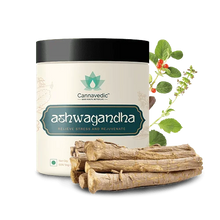 Load image into Gallery viewer, Cannavedic ashwagandha container with dried roots and a sprig of the ashwagandha plant.


