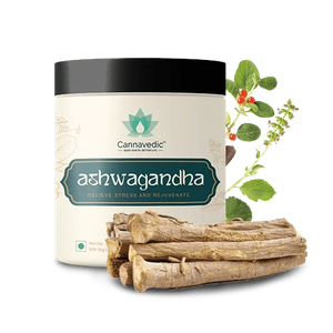 Cannavedic ashwagandha container with dried roots and a sprig of the ashwagandha plant.

