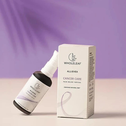 A bottle of Allievex Cancer Care Pain Relief Topical CBD oil with a dropper, next to its packaging box, placed on a purple background.