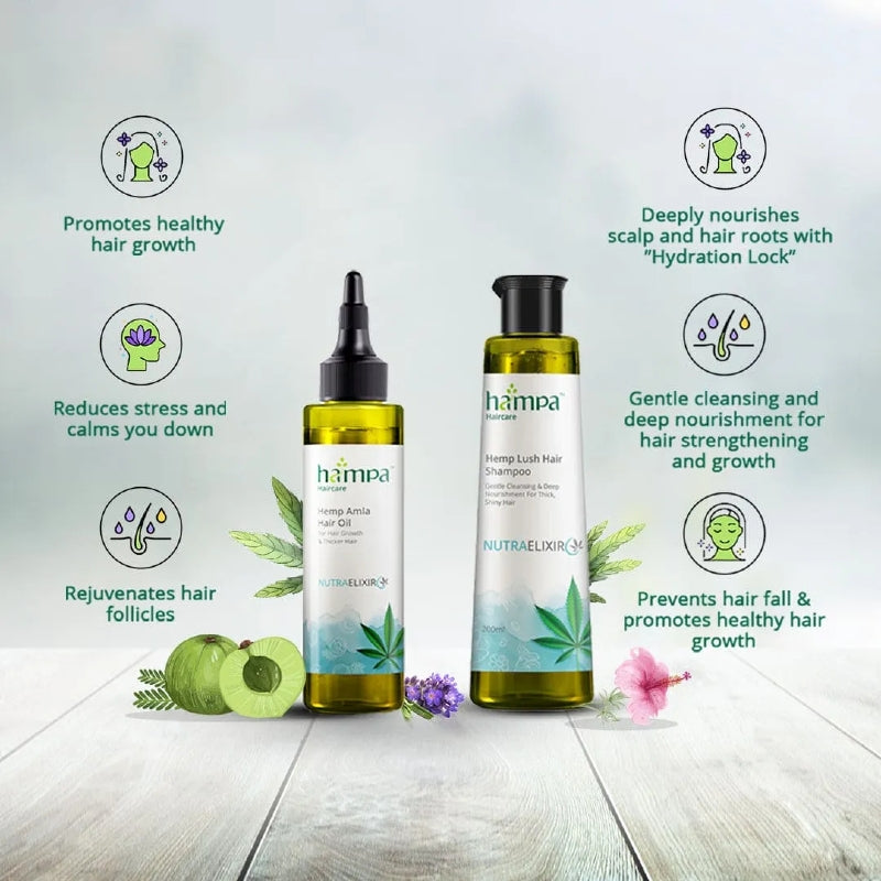 Two bottles of Hampa hemp hair care products on a wooden surface with promotional text.