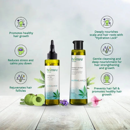 Two bottles of Hampa hemp hair care products on a wooden surface with promotional text.