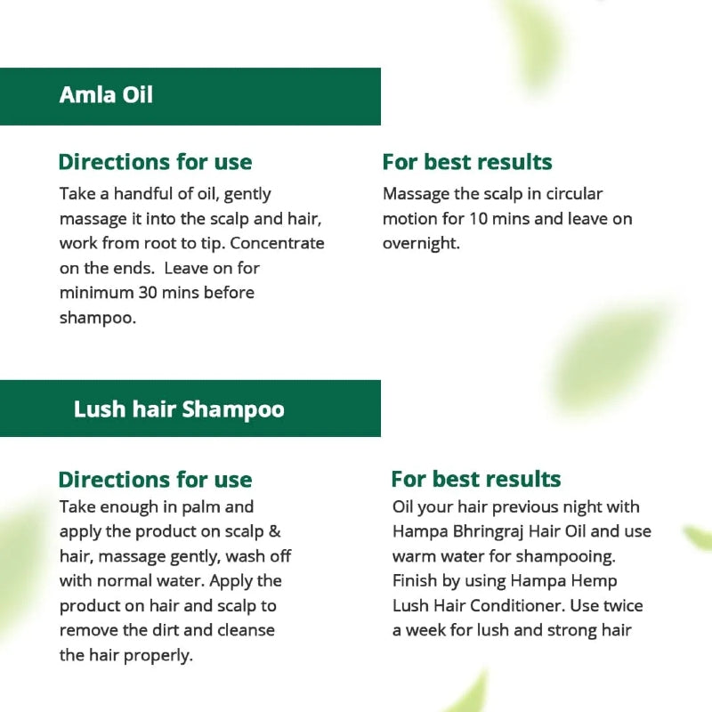 Instructions for Amla Oil and Lush Hair Shampoo with green text on a white background