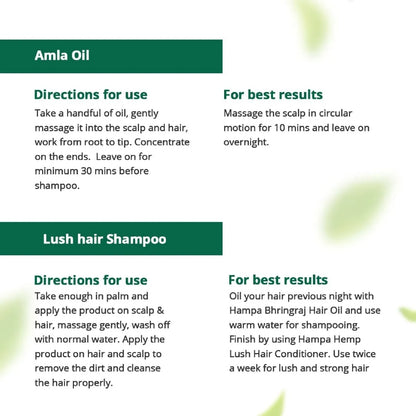 Instructions for Amla Oil and Lush Hair Shampoo with green text on a white background