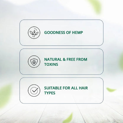 Text overlay on a light background with green text and icons about the goodness of hemp.