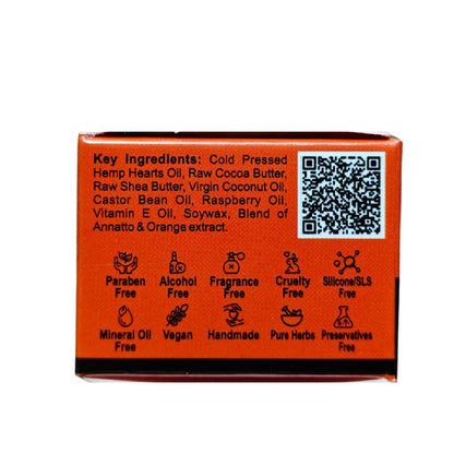 Product packaging with key ingredients and free-from claims on an orange background