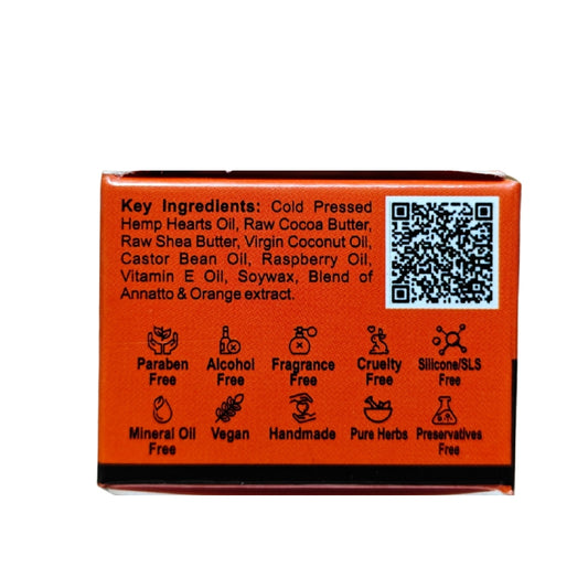 Product packaging with key ingredients and free-from claims on an orange background