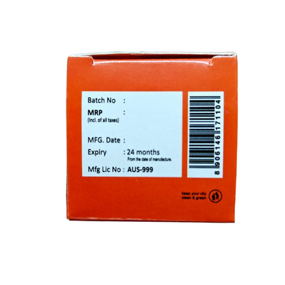 Back of an orange box with a label containing product details on a white background