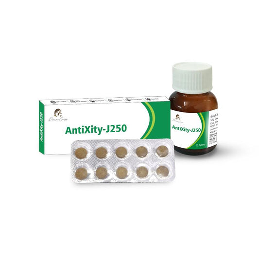 Box and bottle of "AntiXity-J250" tablets with a blister pack of ten tablets.
