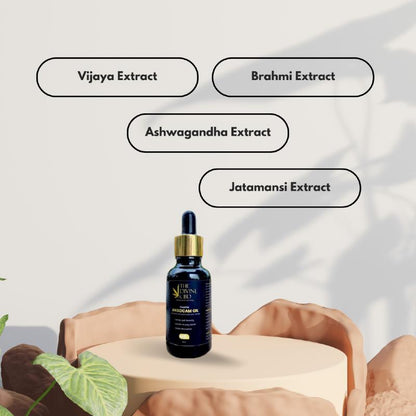Bottle of Paarmi Cares The Divine Mud product on a beige platform with text bubbles listing extracts.