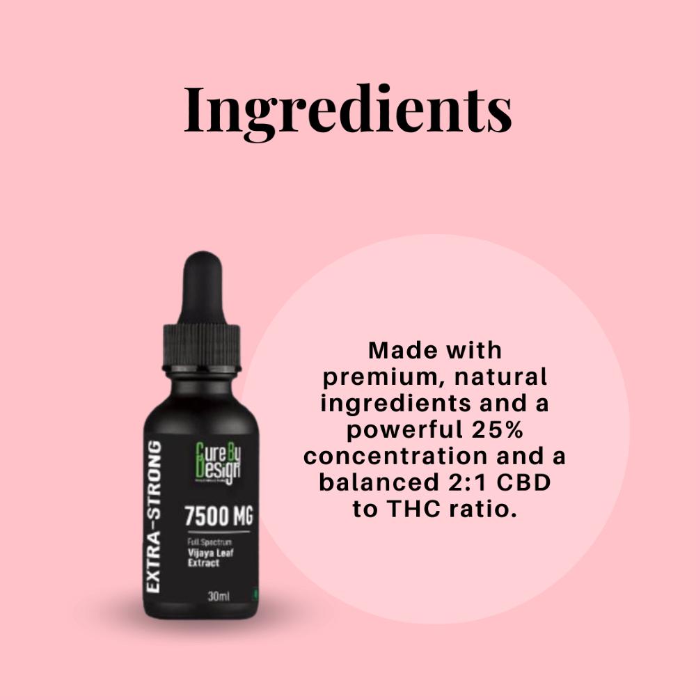 Cure By Design CBD oil dropper bottle with text on a pink background