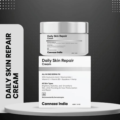 Cannazo India Daily Skin Repair Cream jar and packaging on a gray background