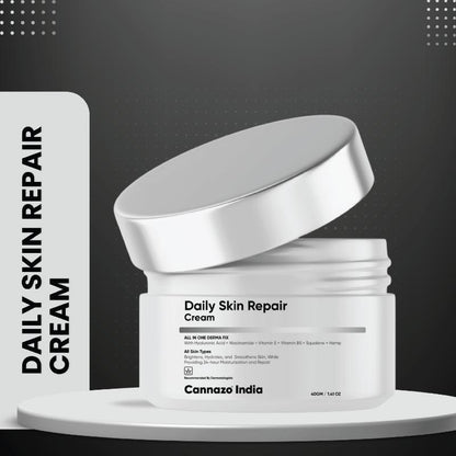 Cananzo CBD Daily Skin Repair Cream jar with open lid on a gray background