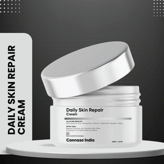 Cananzo CBD Daily Skin Repair Cream jar with open lid on a gray background