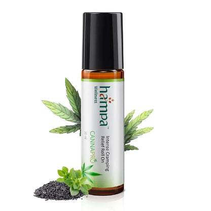 Hemp Wellness cannabis product roll-on with leaves and seeds on a white background