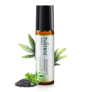 Hemp Wellness cannabis product roll-on with leaves and seeds on a white background